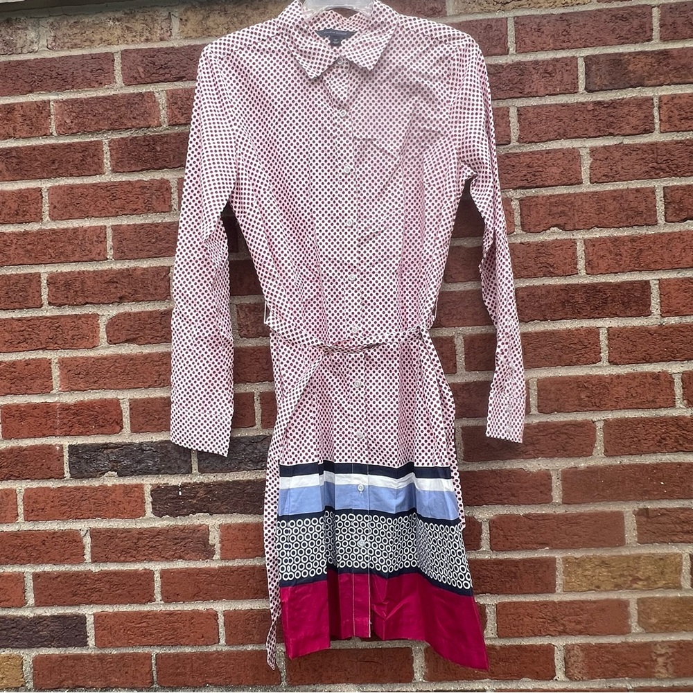 Tommy Hilfiger Dress Womens Maroon Polka Dot Belted Collared Striped Small